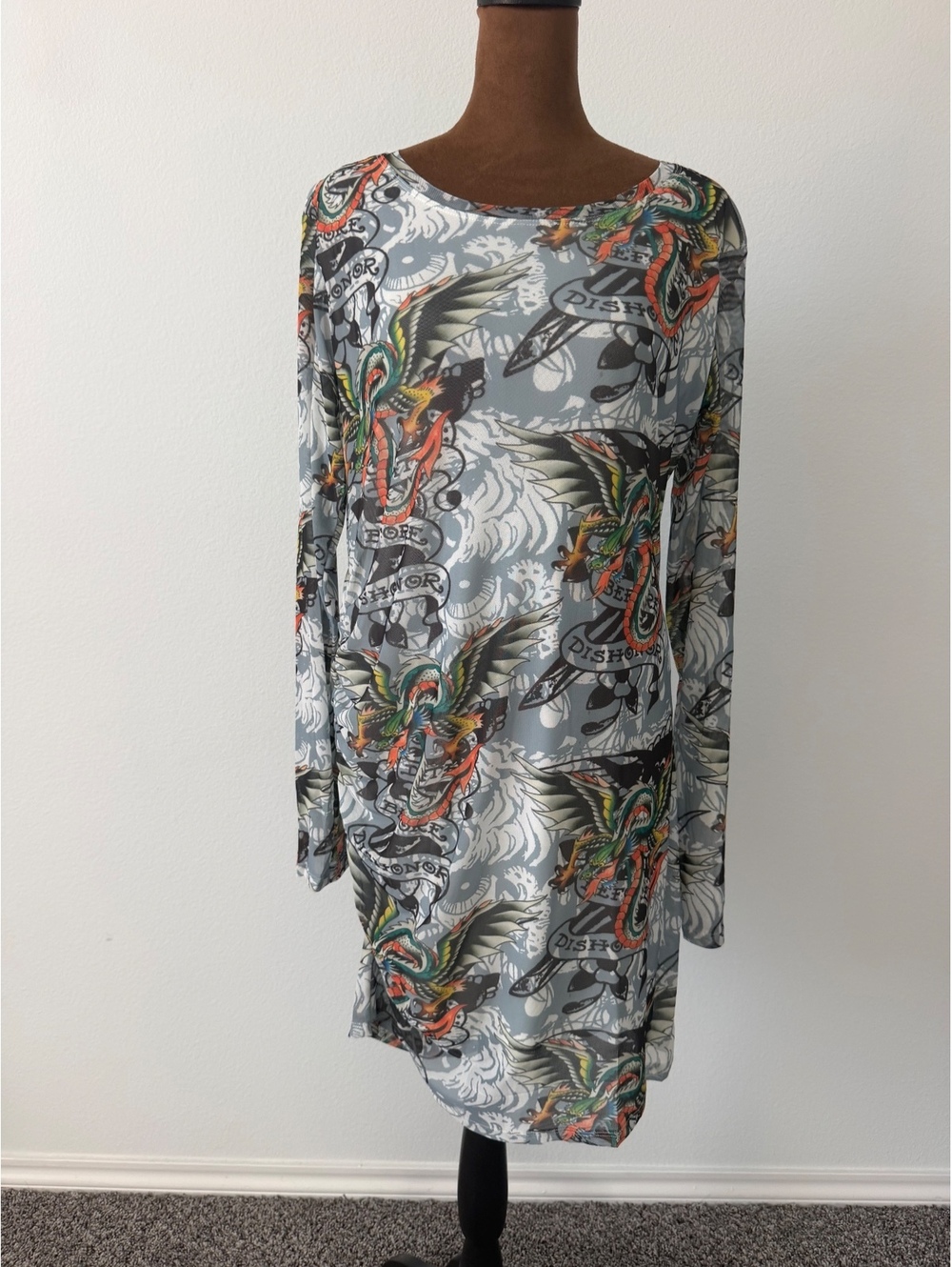Ed Hardy NWT Tattoo Print Stretch Mesh Long Sleeve Round Neck Mini Dress Size XL